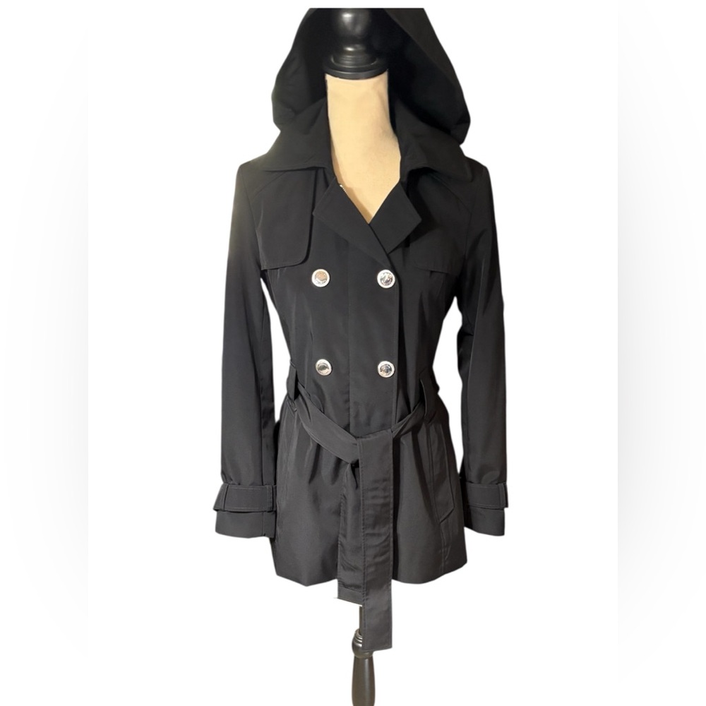 Calvin Klein-Classy black trench coat. Size small. Silver details/Hood. Like new - Picture 8 of 16
